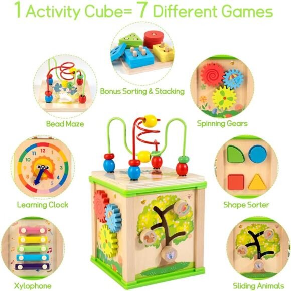 Wooden 7-in-1 Activity Cube| Montessori Toys for 1 2 3 Year Old Toddlers| Baby - Picture 2 of 7